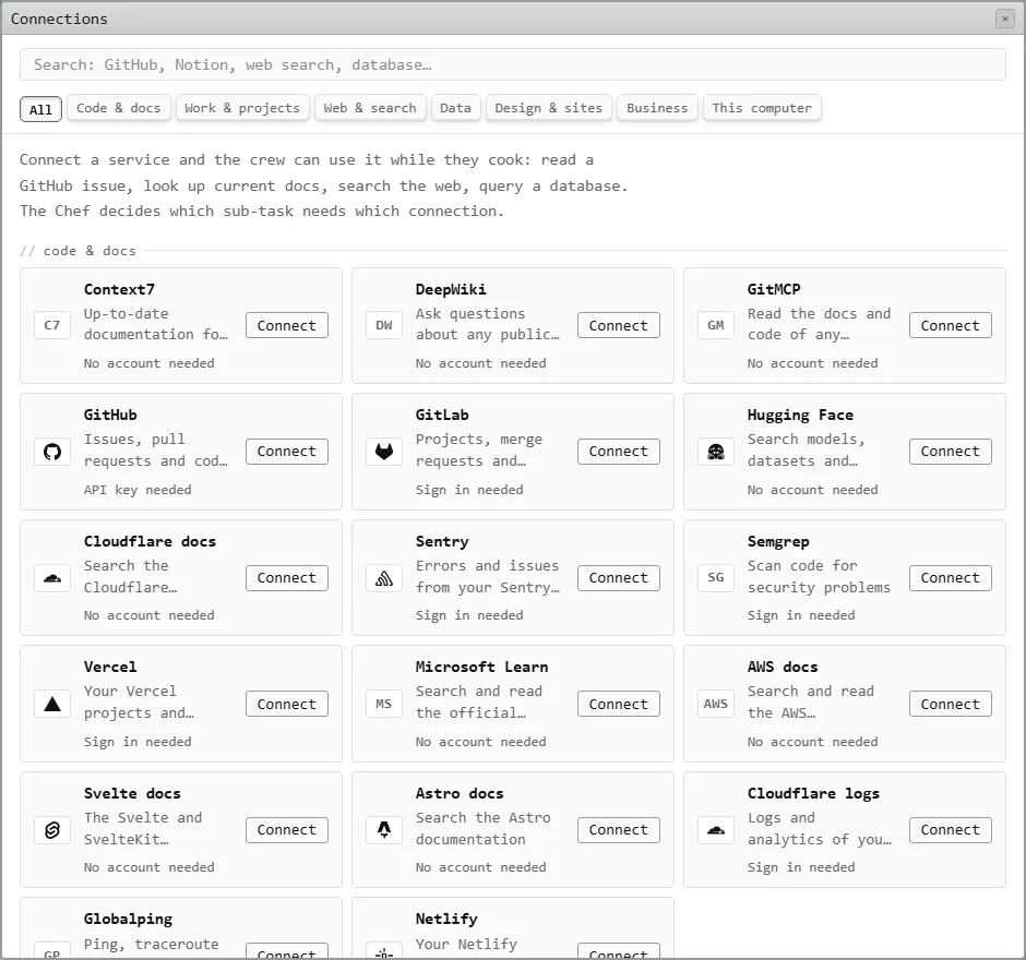 The connections dialog with search, categories and Connect buttons.