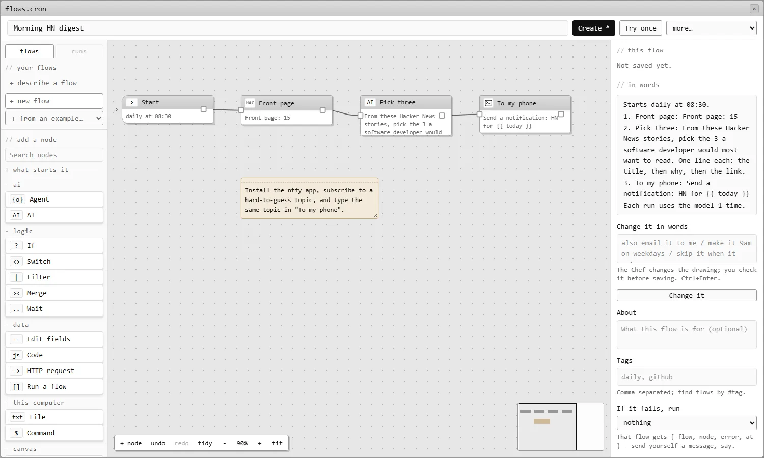 A flow on the canvas: a schedule, a service, an AI step and a phone notification.