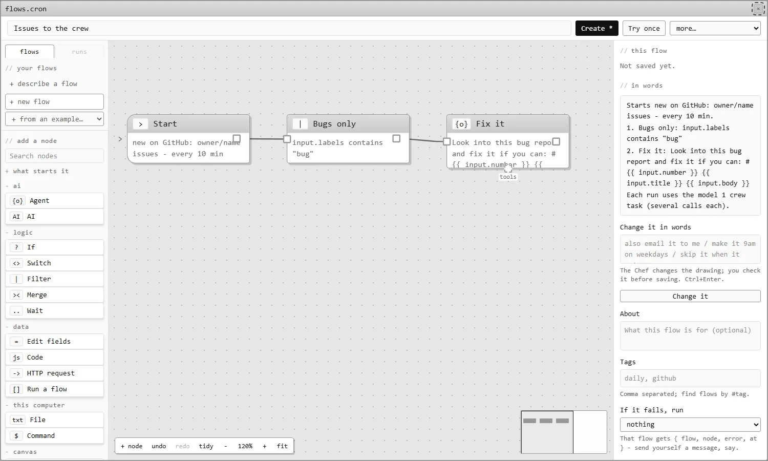 The GitHub issues to the crew flow