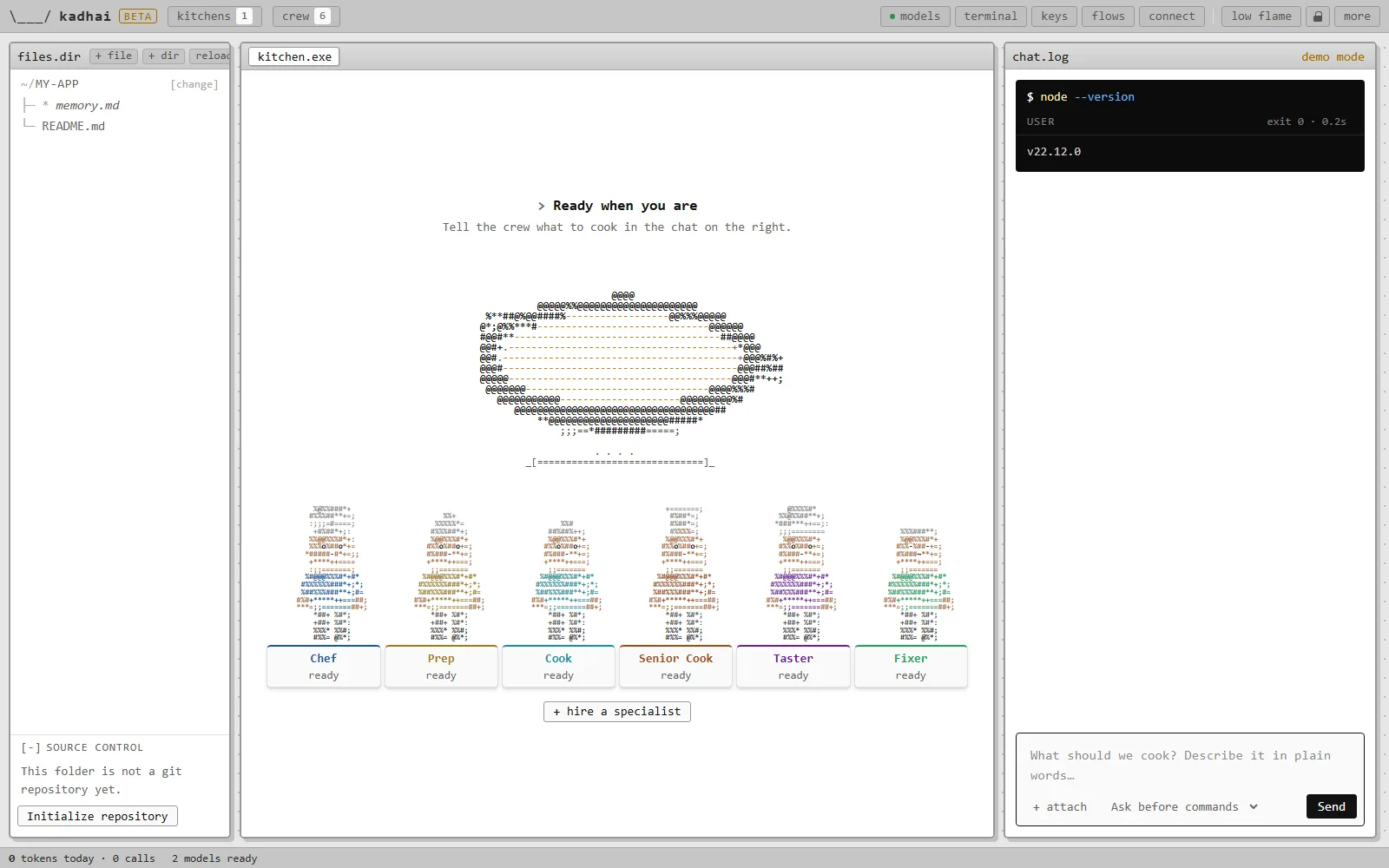The whole screen: taskbar, files, the kitchen, the chat, and the usage bar along the bottom.