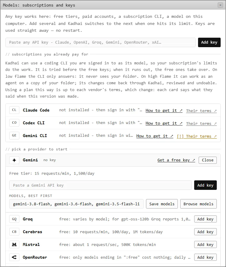 The keys dialog. Paste a free key and it is checked and used straight away.