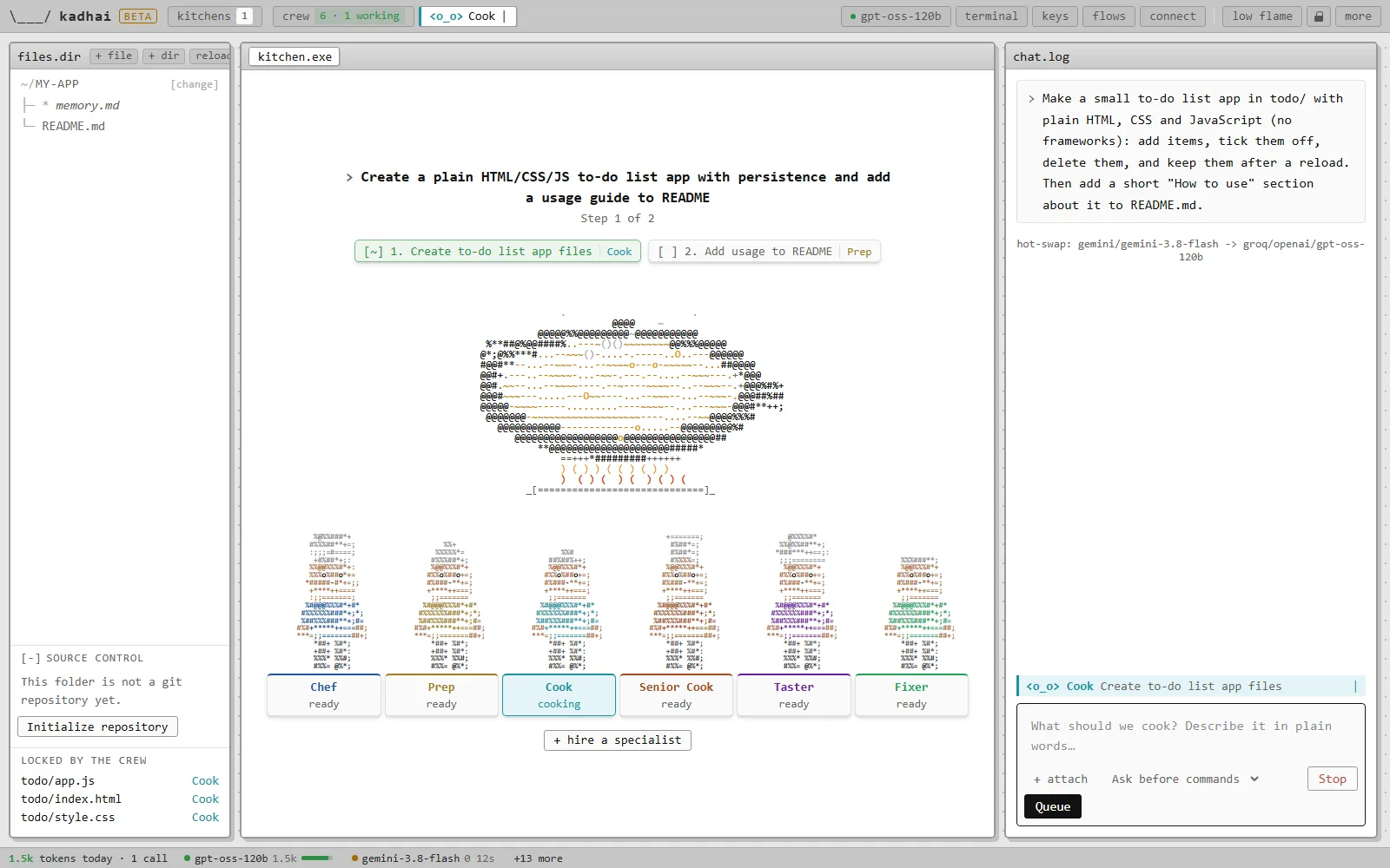 The dashboard during a run: files on the left, the kitchen in the middle, the chat on the right.