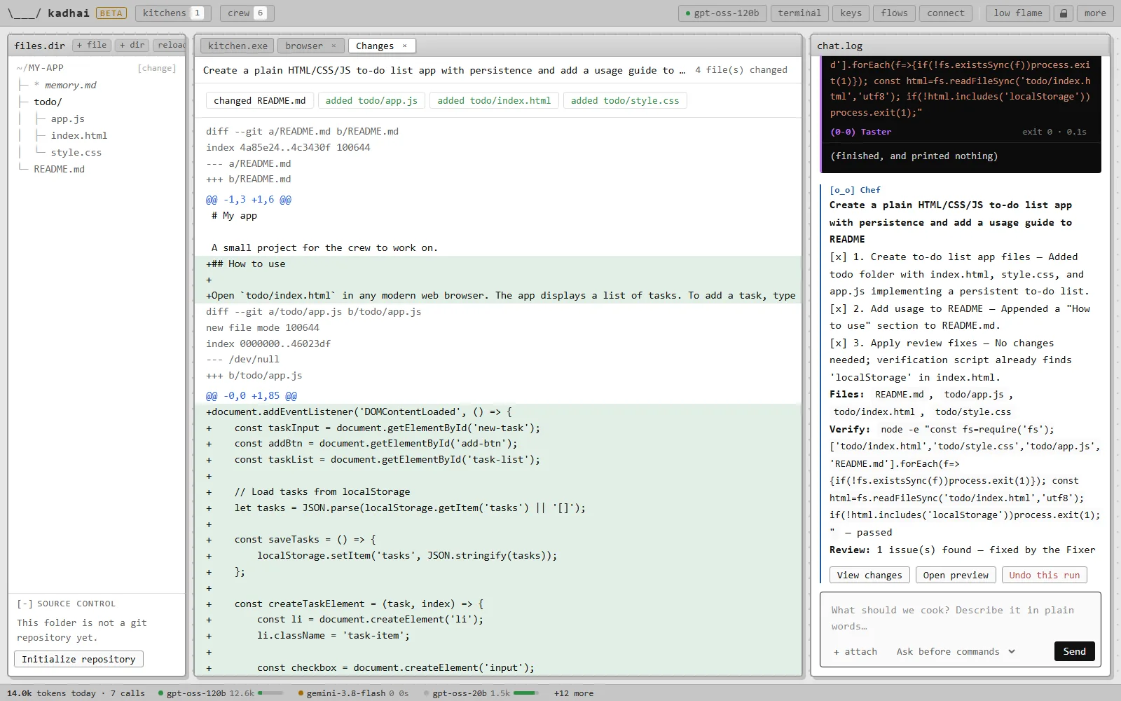 View changes: every file the run changed, as a diff.