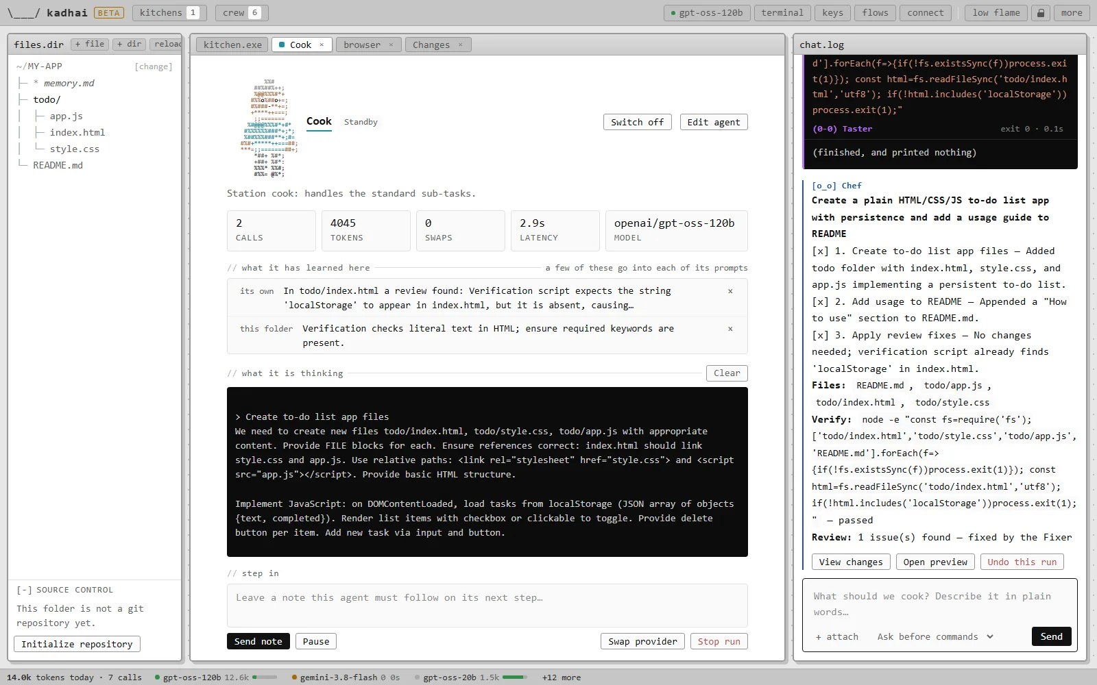 An agent's own tab: what it is doing, its numbers and its thinking, live.